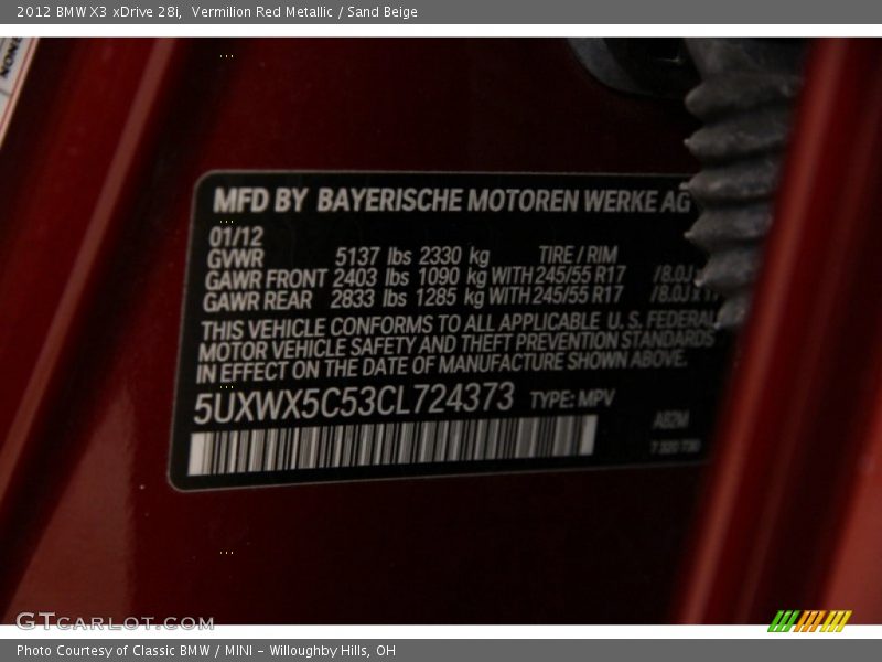 Vermilion Red Metallic / Sand Beige 2012 BMW X3 xDrive 28i