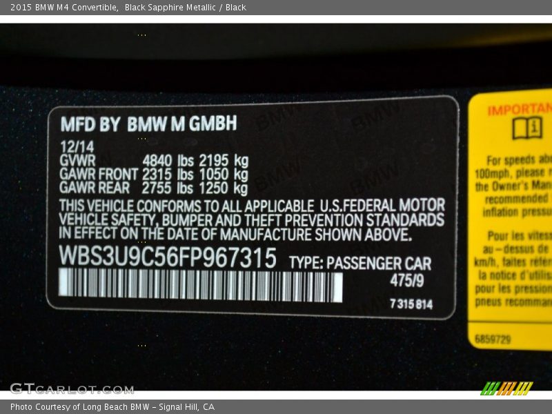 Black Sapphire Metallic / Black 2015 BMW M4 Convertible