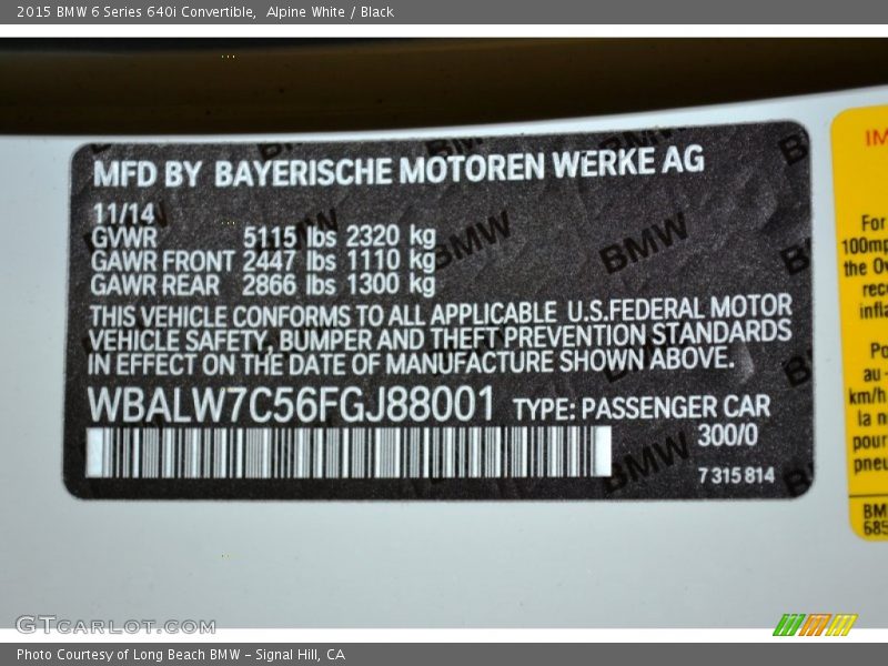 2015 6 Series 640i Convertible Alpine White Color Code 300