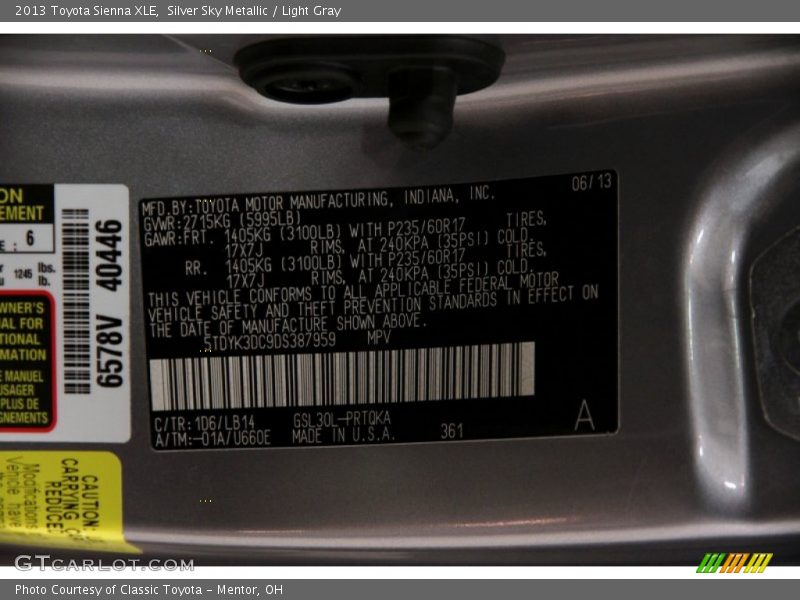 Silver Sky Metallic / Light Gray 2013 Toyota Sienna XLE