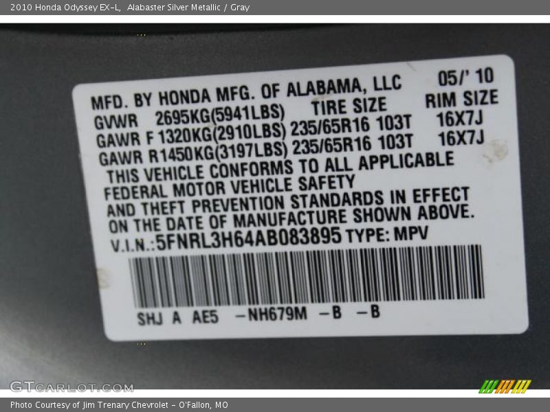 Alabaster Silver Metallic / Gray 2010 Honda Odyssey EX-L