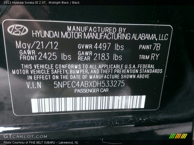Midnight Black / Black 2013 Hyundai Sonata SE 2.0T