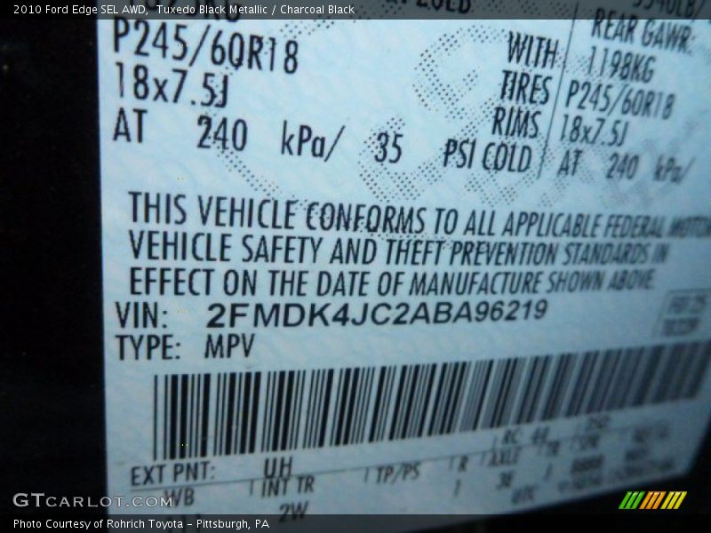 Tuxedo Black Metallic / Charcoal Black 2010 Ford Edge SEL AWD