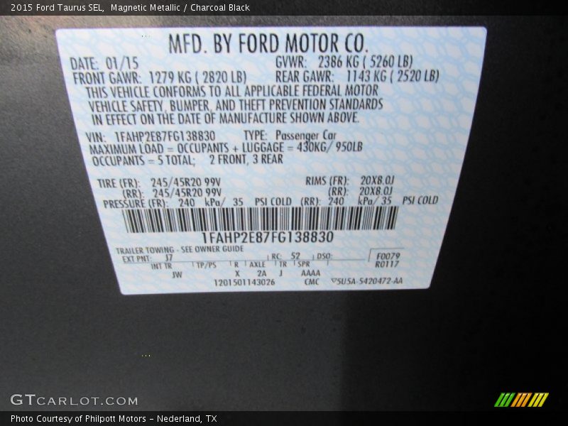 Magnetic Metallic / Charcoal Black 2015 Ford Taurus SEL