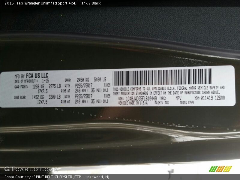 Tank / Black 2015 Jeep Wrangler Unlimited Sport 4x4