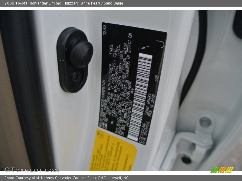 Blizzard White Pearl / Sand Beige 2008 Toyota Highlander Limited