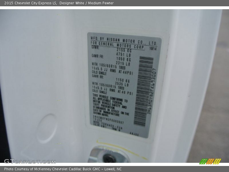 Designer White / Medium Pewter 2015 Chevrolet City Express LS