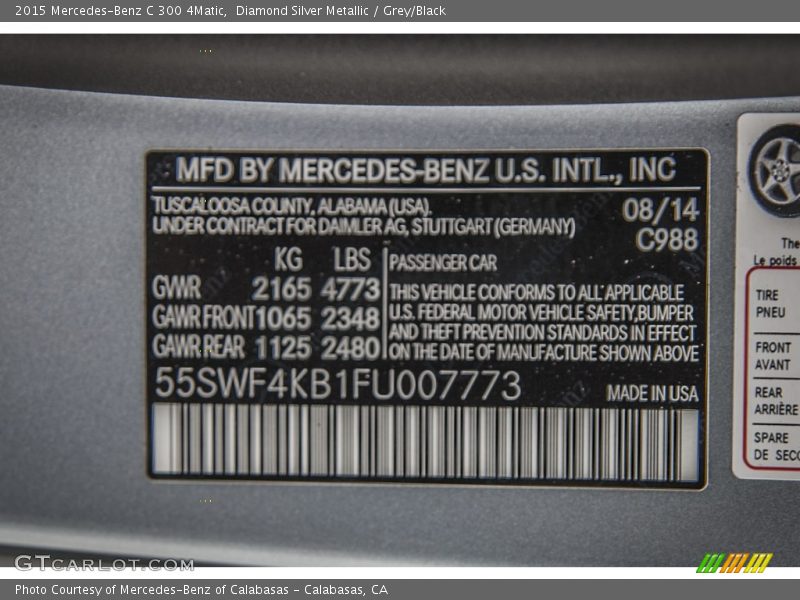 2015 C 300 4Matic Diamond Silver Metallic Color Code 988