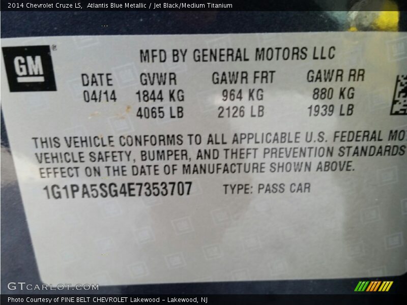 Atlantis Blue Metallic / Jet Black/Medium Titanium 2014 Chevrolet Cruze LS
