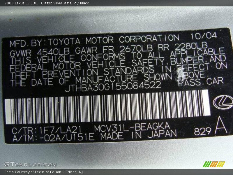 Classic Silver Metallic / Black 2005 Lexus ES 330