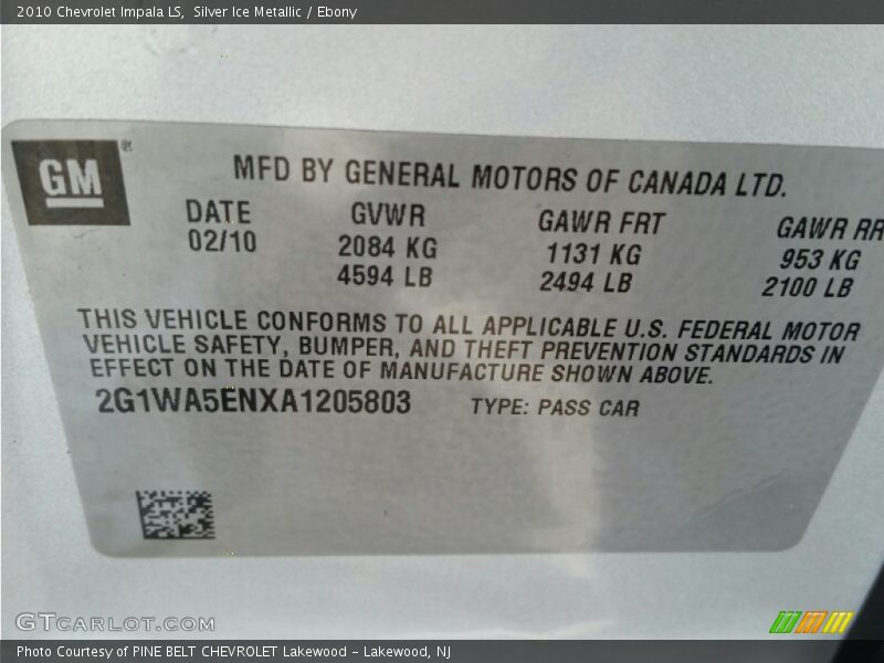 Silver Ice Metallic / Ebony 2010 Chevrolet Impala LS