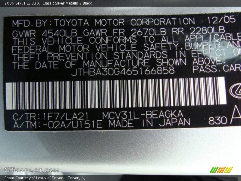Classic Silver Metallic / Black 2006 Lexus ES 330