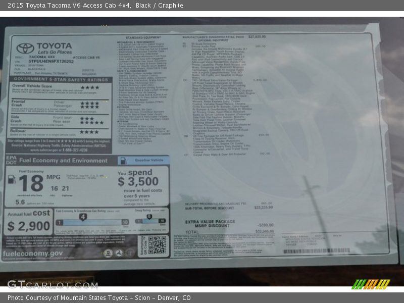 Black / Graphite 2015 Toyota Tacoma V6 Access Cab 4x4