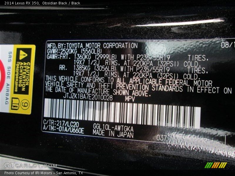 Obsidian Black / Black 2014 Lexus RX 350