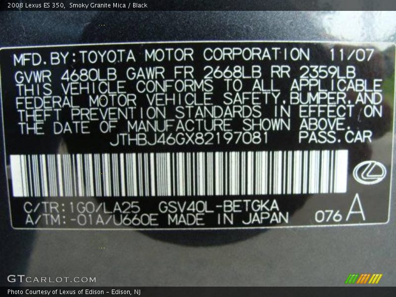 Smoky Granite Mica / Black 2008 Lexus ES 350