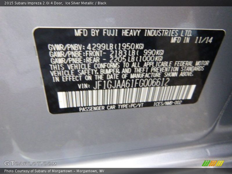 Ice Silver Metallic / Black 2015 Subaru Impreza 2.0i 4 Door