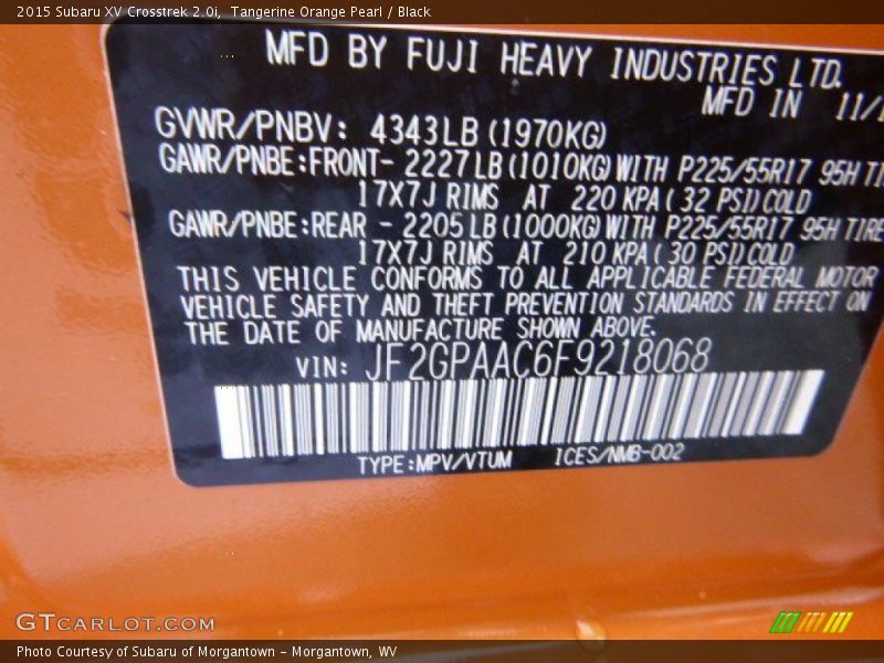 Tangerine Orange Pearl / Black 2015 Subaru XV Crosstrek 2.0i