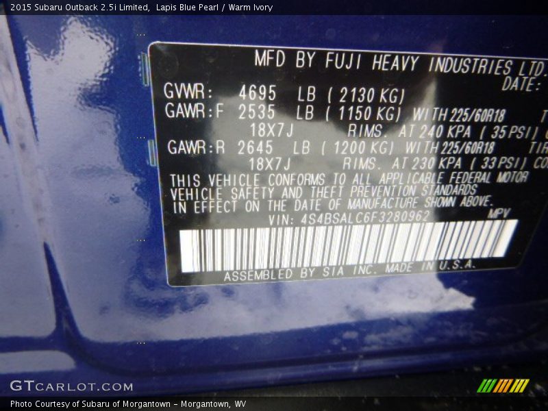 Lapis Blue Pearl / Warm Ivory 2015 Subaru Outback 2.5i Limited