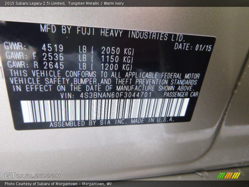 Info Tag of 2015 Legacy 2.5i Limited