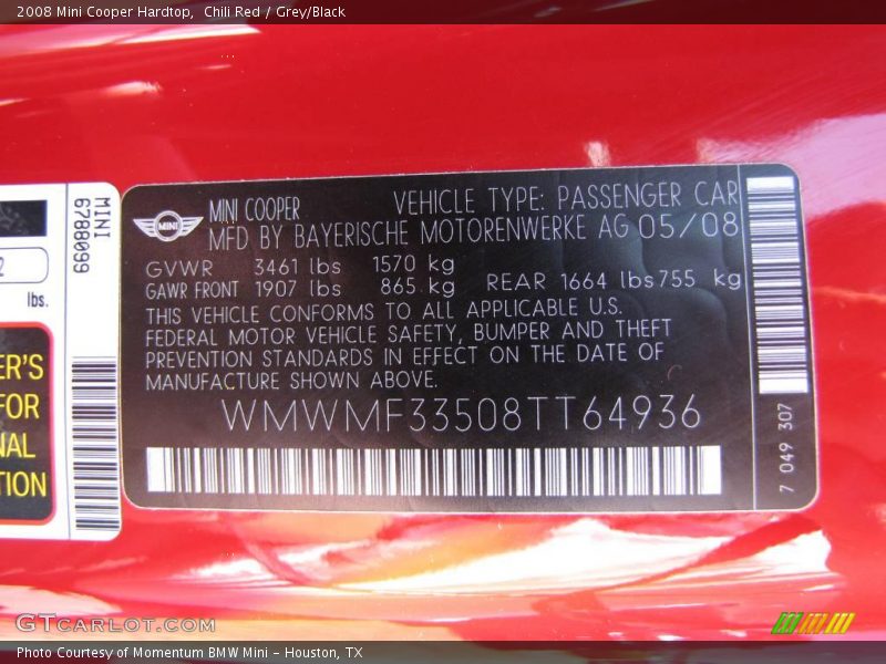 Chili Red / Grey/Black 2008 Mini Cooper Hardtop