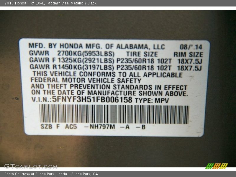 Modern Steel Metallic / Black 2015 Honda Pilot EX-L