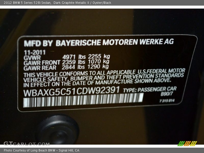 Dark Graphite Metallic II / Oyster/Black 2012 BMW 5 Series 528i Sedan