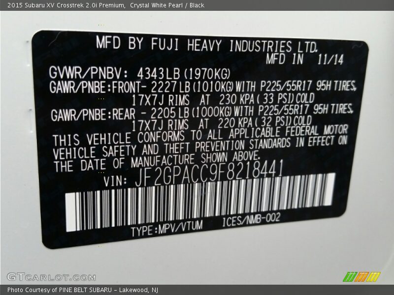 Crystal White Pearl / Black 2015 Subaru XV Crosstrek 2.0i Premium