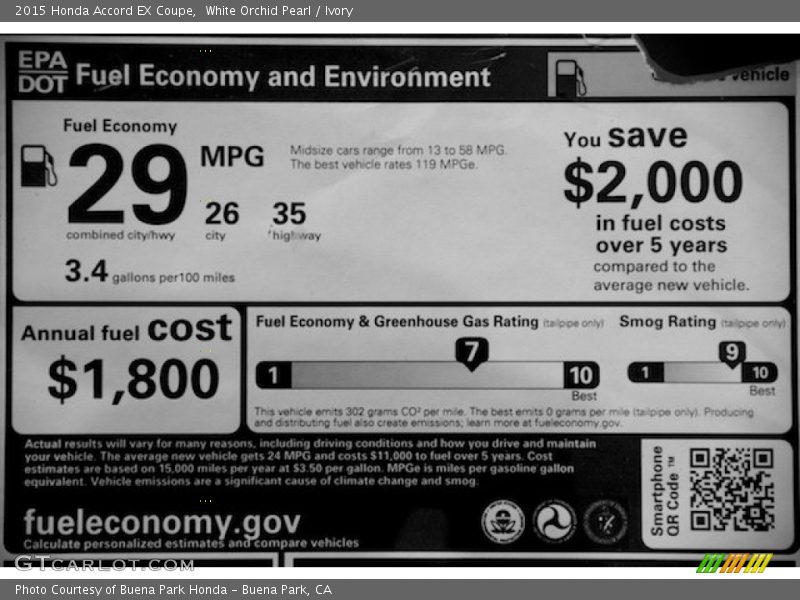  2015 Accord EX Coupe Window Sticker