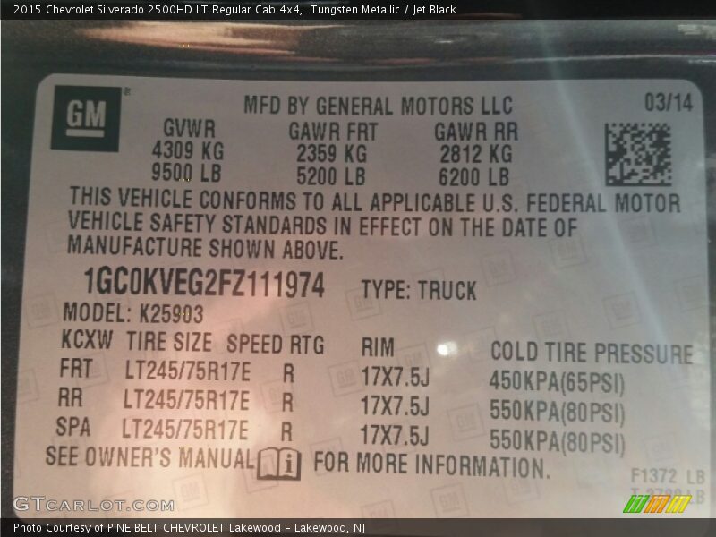 Info Tag of 2015 Silverado 2500HD LT Regular Cab 4x4
