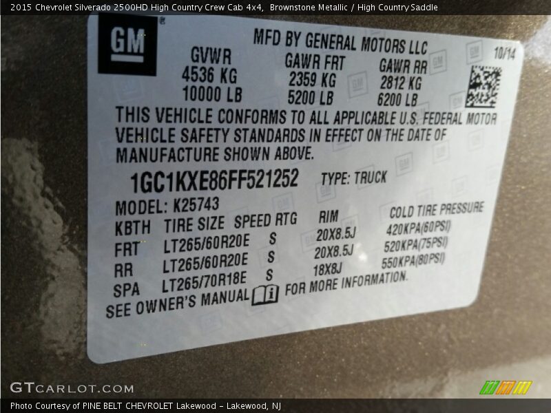 Info Tag of 2015 Silverado 2500HD High Country Crew Cab 4x4