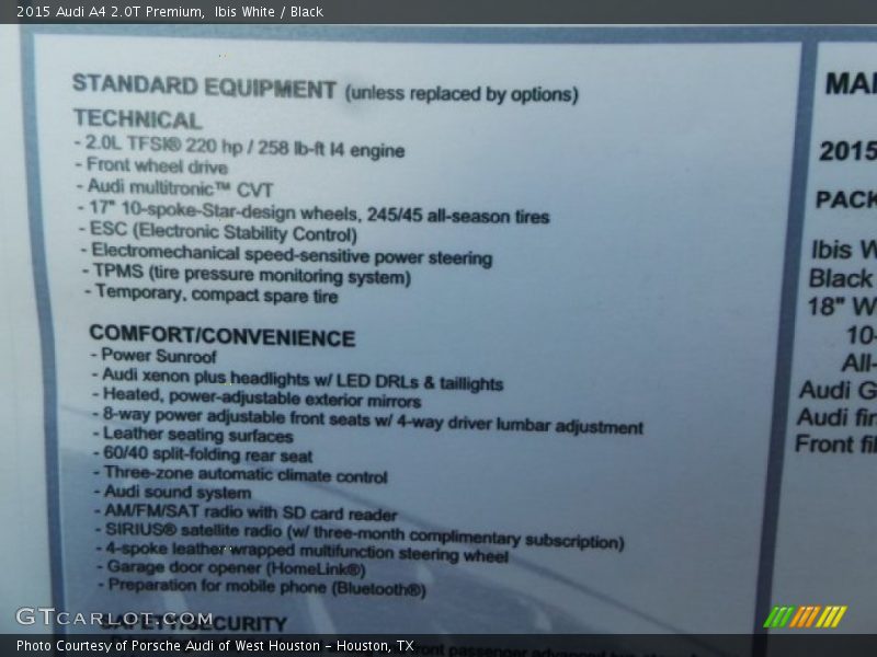 Ibis White / Black 2015 Audi A4 2.0T Premium