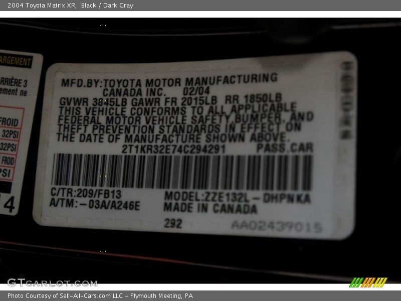 2004 Matrix XR Black Color Code 209