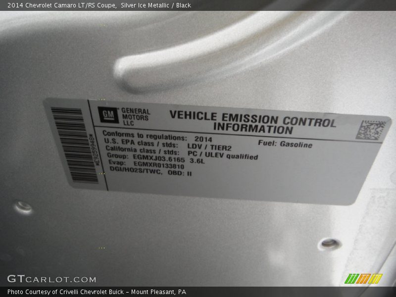 Info Tag of 2014 Camaro LT/RS Coupe