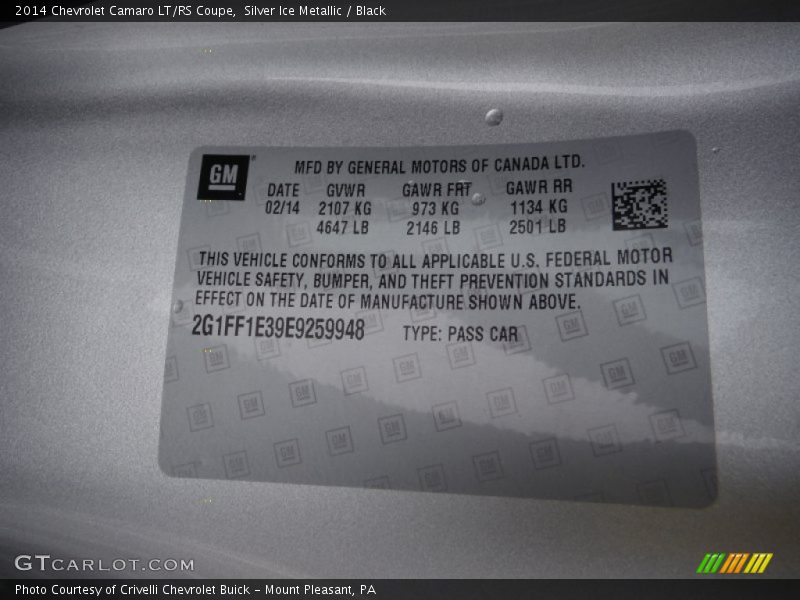 Info Tag of 2014 Camaro LT/RS Coupe