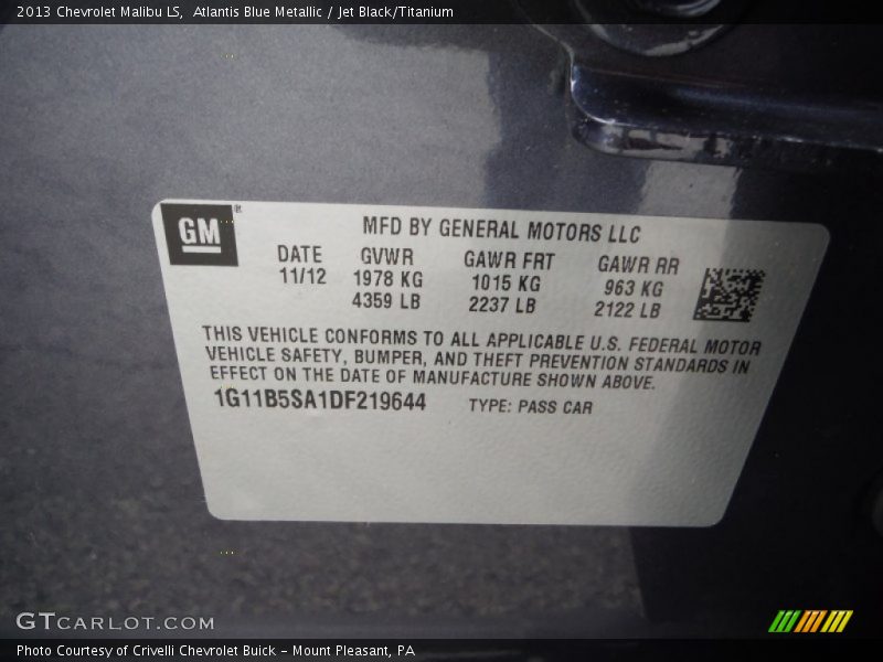 Atlantis Blue Metallic / Jet Black/Titanium 2013 Chevrolet Malibu LS