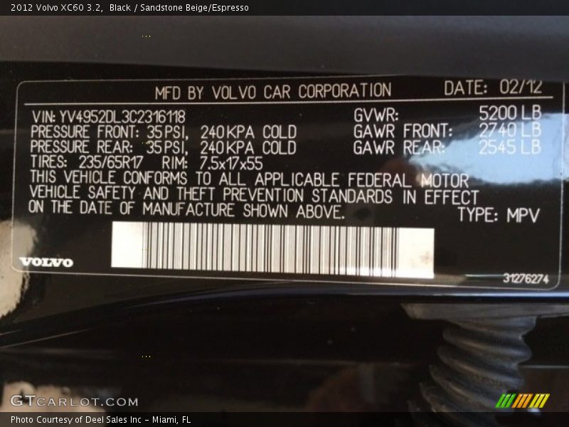 Black / Sandstone Beige/Espresso 2012 Volvo XC60 3.2