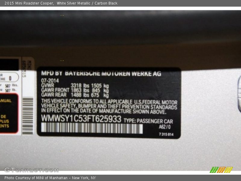2015 Roadster Cooper White Silver Metallic Color Code A62