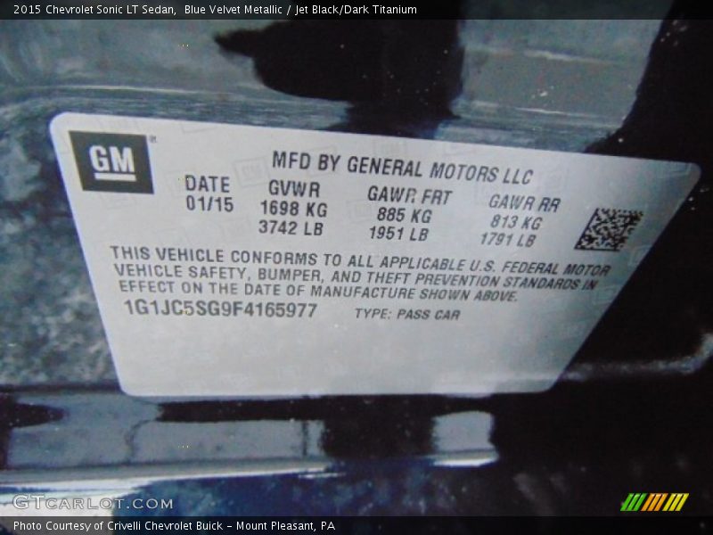 Blue Velvet Metallic / Jet Black/Dark Titanium 2015 Chevrolet Sonic LT Sedan