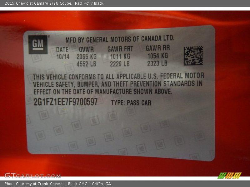 Info Tag of 2015 Camaro Z/28 Coupe