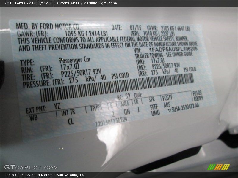 2015 C-Max Hybrid SE Oxford White Color Code YZ