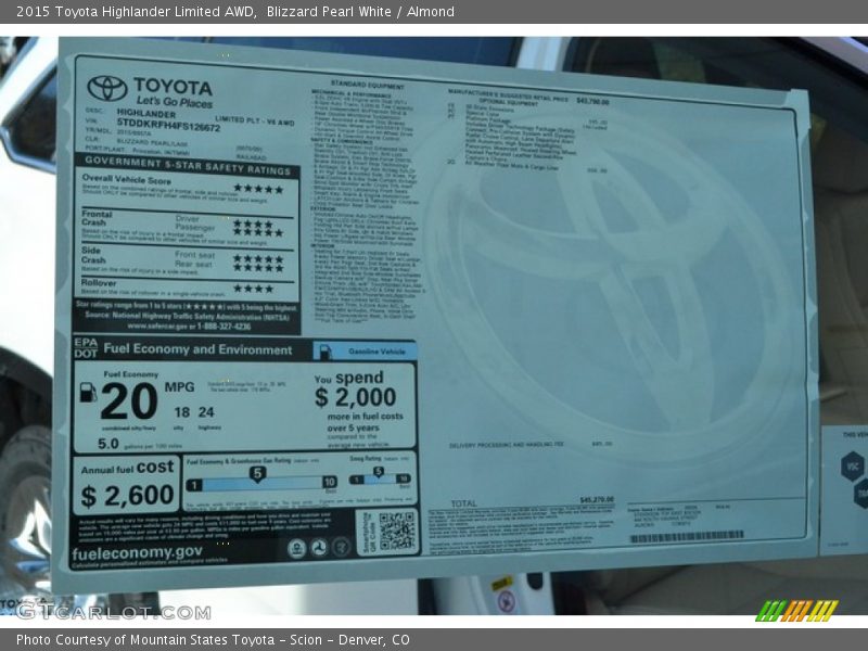 Blizzard Pearl White / Almond 2015 Toyota Highlander Limited AWD