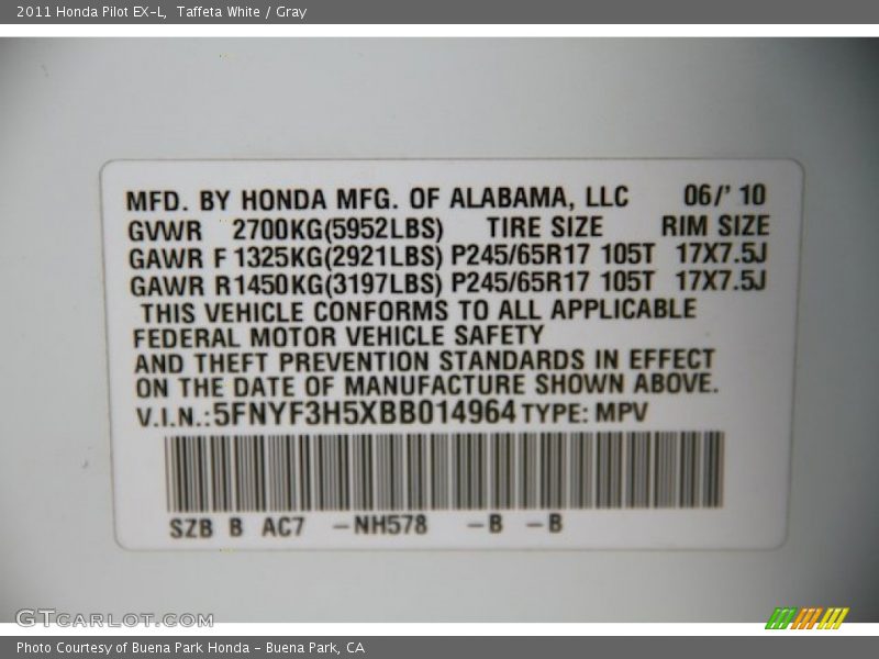 Taffeta White / Gray 2011 Honda Pilot EX-L