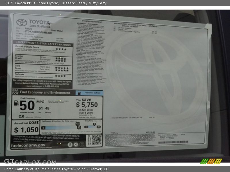 Blizzard Pearl / Misty Gray 2015 Toyota Prius Three Hybrid