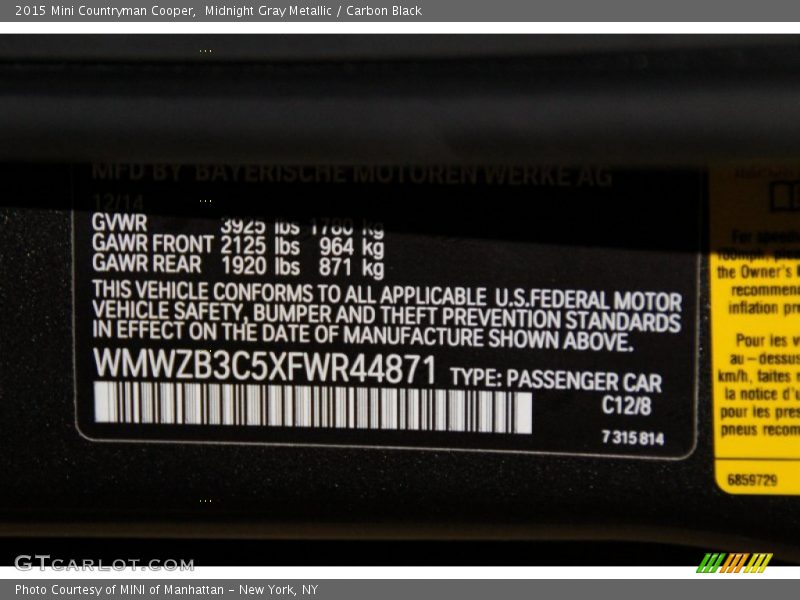 Midnight Gray Metallic / Carbon Black 2015 Mini Countryman Cooper