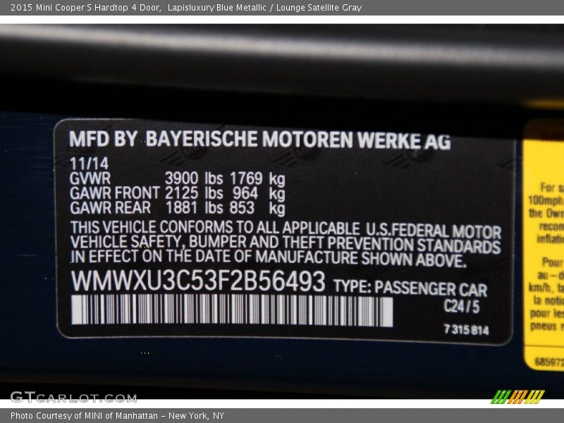 2015 Cooper S Hardtop 4 Door Lapisluxury Blue Metallic Color Code C24