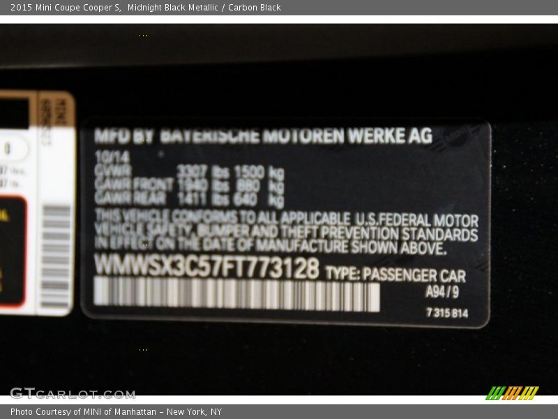2015 Coupe Cooper S Midnight Black Metallic Color Code A94