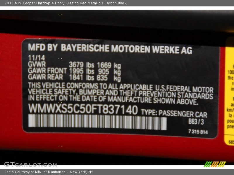 2015 Cooper Hardtop 4 Door Blazing Red Metallic Color Code B83
