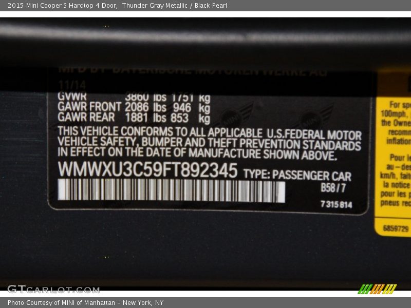 Thunder Gray Metallic / Black Pearl 2015 Mini Cooper S Hardtop 4 Door
