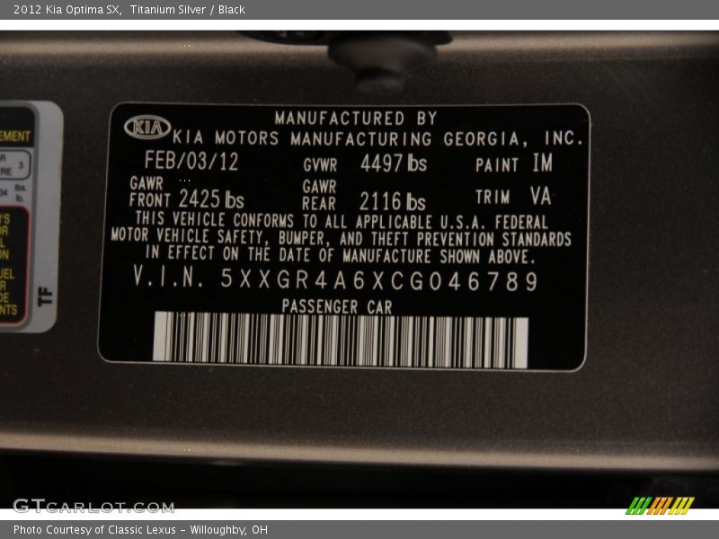 Titanium Silver / Black 2012 Kia Optima SX