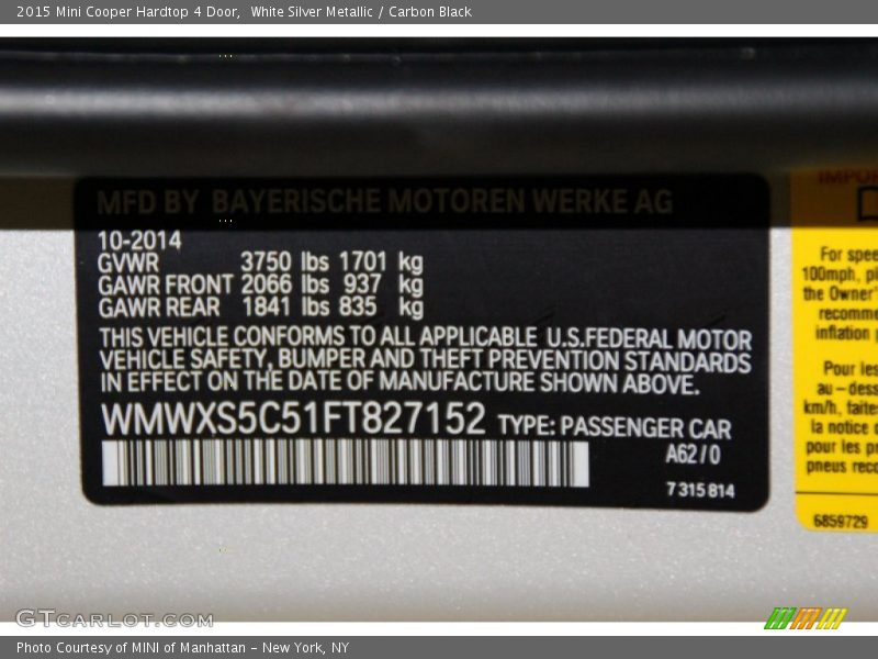 White Silver Metallic / Carbon Black 2015 Mini Cooper Hardtop 4 Door